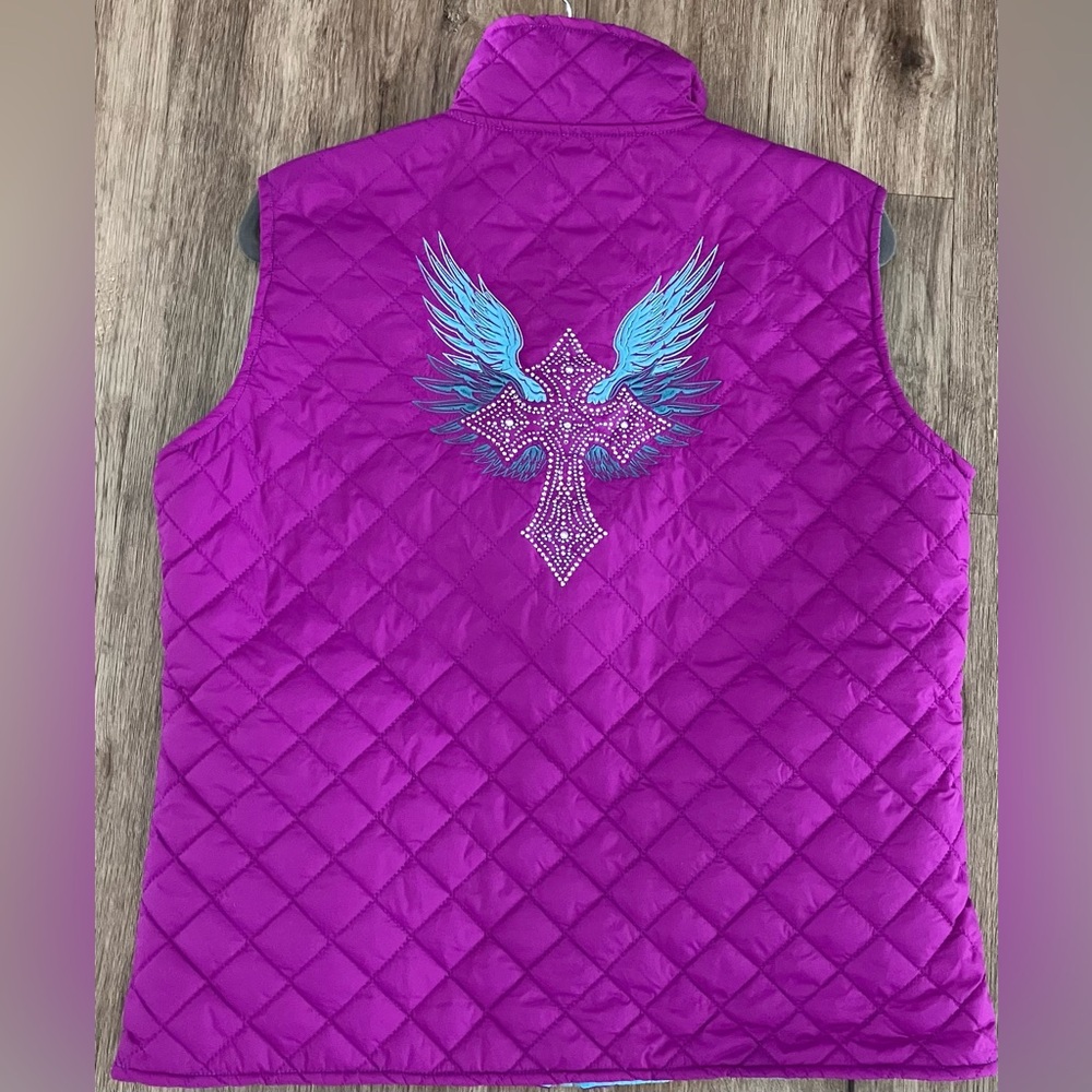 COWGIRL HARDWARE Women’s Purple Turquoise Vest with Bling Cross and Wings. L.